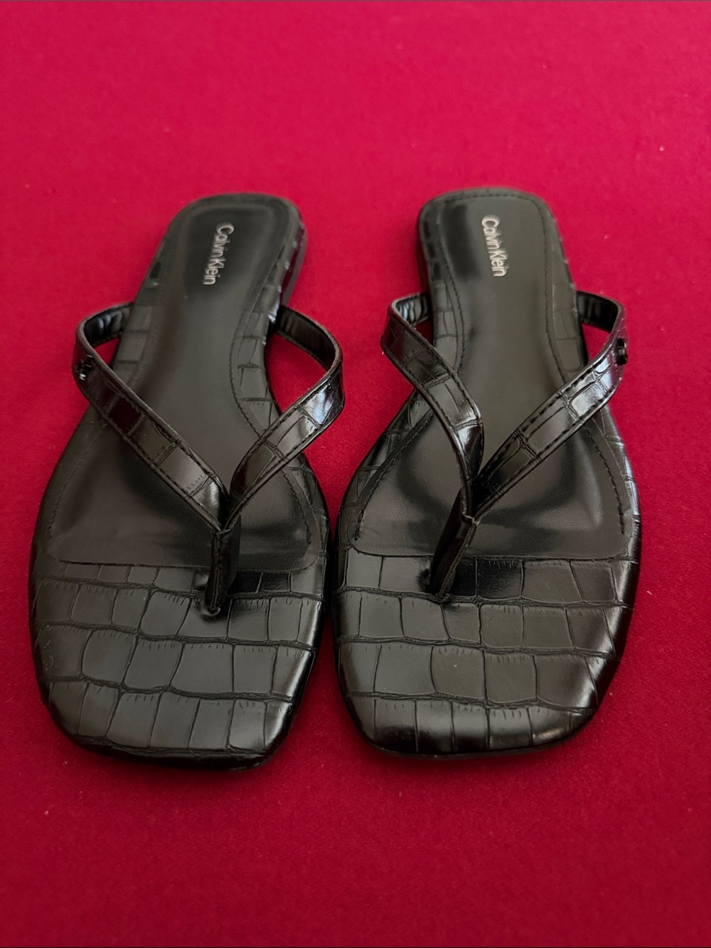 Calvin Klein Black Croc-Embossed Square-Toe Thong Sandals